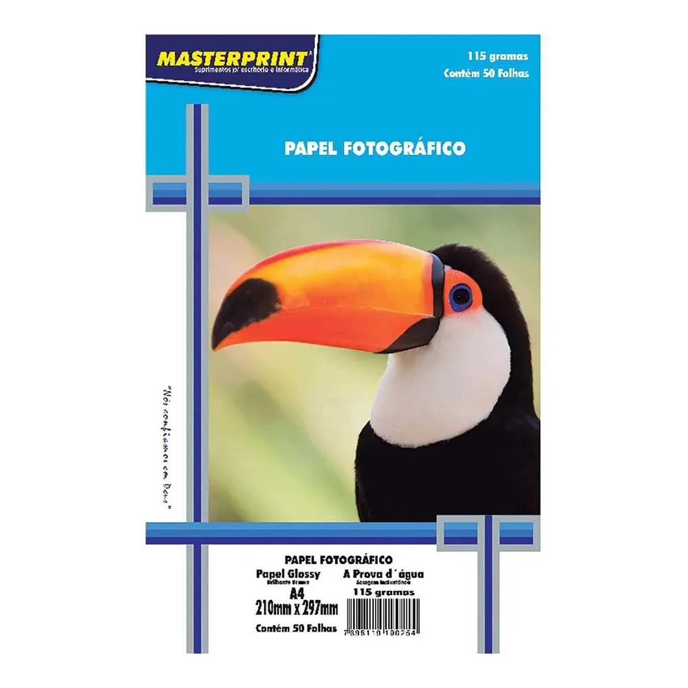 Papel Fotográfico 115g A4 Glossy Branco Brilhante Masterprint com 50 Folhas